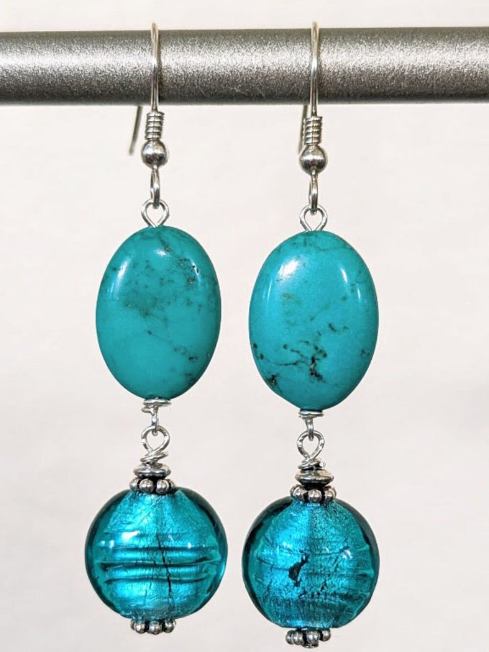 Sterling Silver Genuine Turquoise & Teal Blue Foiled Glass Dangle Earrings